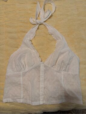 Pink by Frankie's Bikinis White Eyelet Smocked Halter Top